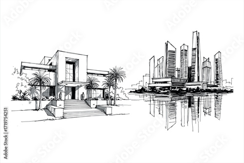 Sketch of modern villa with palm trees and city skyline reflection drawing illustration 1