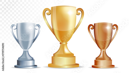 Realistic trophy cup set. Collection of elegant gold, silver, and bronze trophies representing first, second, and third place awards.