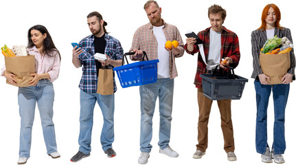 Shoppers holding grocery bags and receipts with frustrated expressions. Concept of food price inflation, family budgeting, consumer stress, and cost management challenges. Transparent background