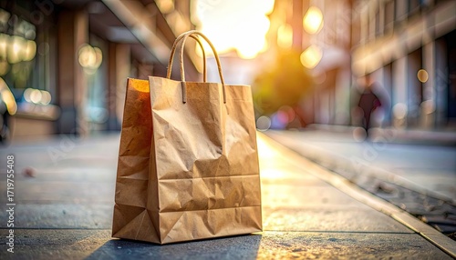 Brown Paper Shopping Bag on City Sidewalk at Sunset