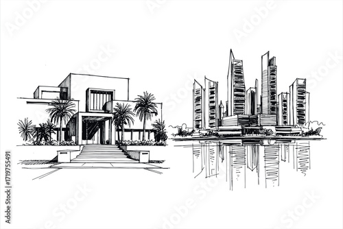 Sketch of modern villa with palm trees and city skyline reflection drawing illustration