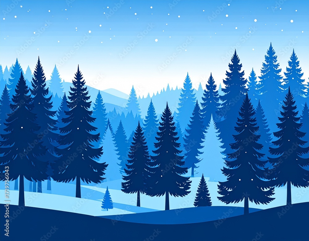 Fototapeta premium Blue Winter Forest Landscape Vector