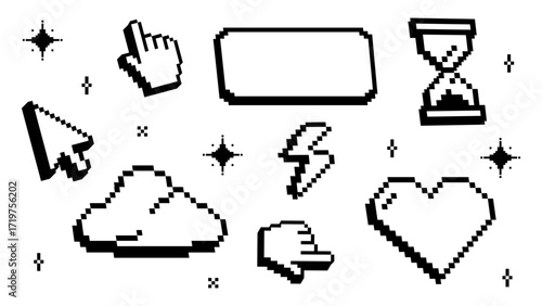 Retro pixel art icon set. Collection of 8-bit style symbols including mouse cursors, hands, heart, lightning bolt, cloud, hourglass, and speech bubble. Perfect for vintage computer themes, gaming desi