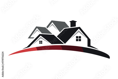 Stylized graphic of multiple dark gray and black house roofs with red accent building architecture