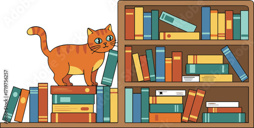 Adorable orange tabby cat exploring a colorful bookshelf, perfect for children's book illustrations and whimsical designs about pets and learning