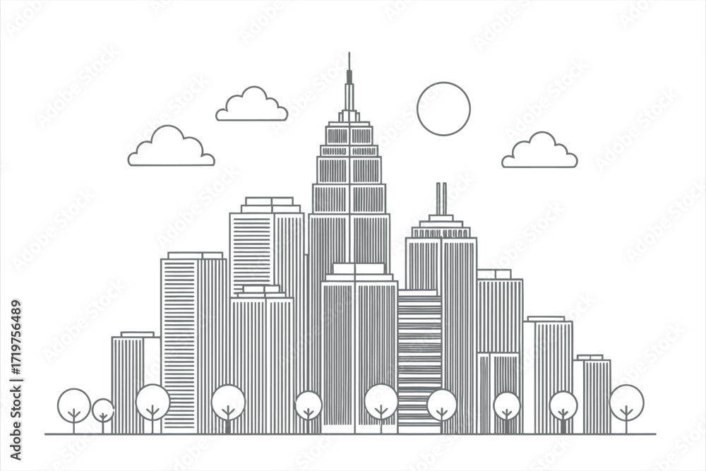 Obraz premium Stylized Gray Line Art Cityscape with Tall Buildings Trees and Clouds skyline architecture