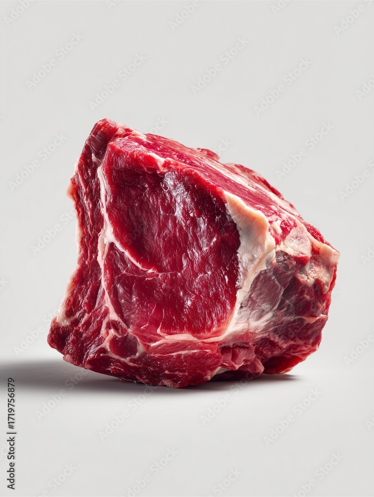 Obraz premium Raw Red Meat: A close-up, high-angle shot of a fresh cut of raw beef, its rich red color and texture.