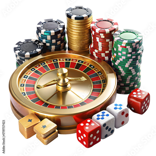 Casino roulette wheel with dice and chips isolated on transparent background