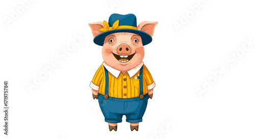 Cheerful piglet character wearing a blue hat and overalls. Anthropomorphic farm animal illustration isolated on white background for a children's story
