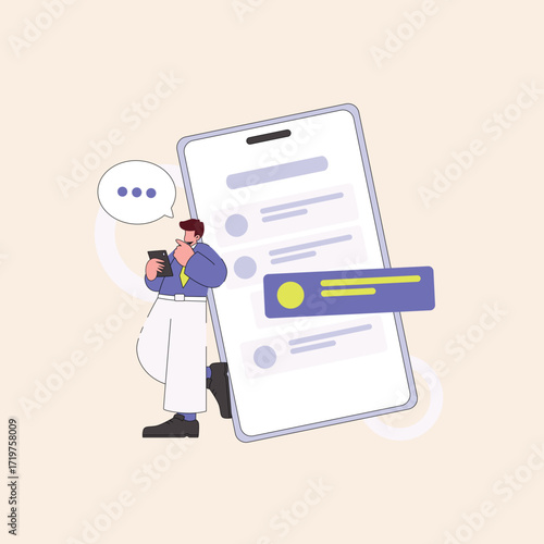 Person engaged in digital communication, interacting with a smartphone chat application. Concept of online messaging, mobile interaction, and receiving notifications in modern society