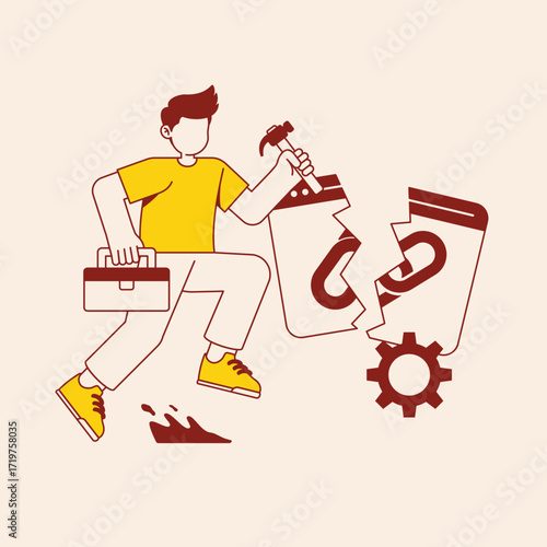 Dynamic illustration of a man with tools breaking a chain, a powerful metaphor for disruption, innovation, and finding new business solutions