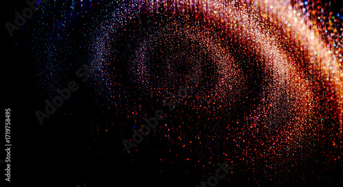 Abstract swirling galaxy of glowing particles in vibrant red and blue hues against a dark black background, representing cosmic energy and motion