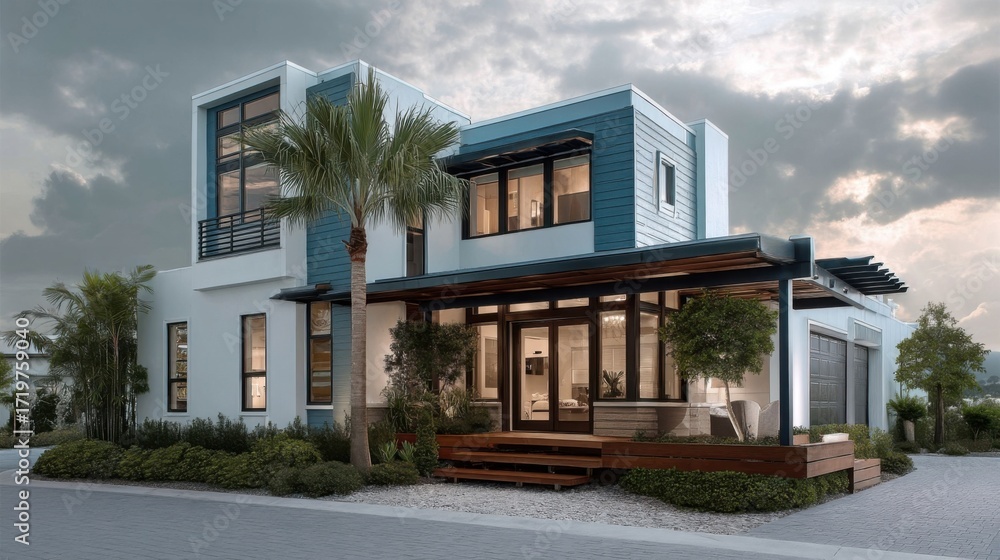 Obraz premium Modern two story house with white and deep gray blue colors, large vertical stripes, wooden porch, dark beams,