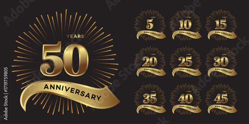 5, 10, 15, 20, 25, 30, 35, 40, 45, 50th Anniversary Badges  Gold Design Set