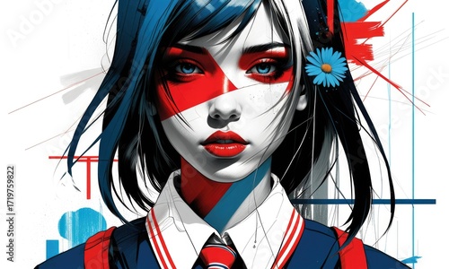 Abstract portrait of a girl with red and blue artistic face paint and daisy