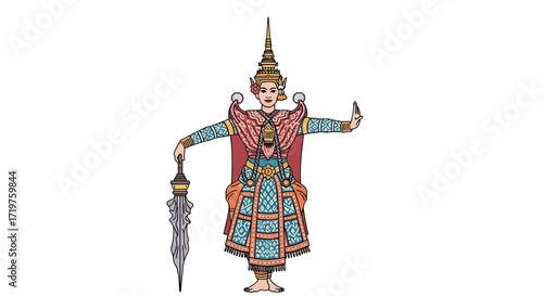 Illustration of a traditional Southeast Asian dancer in elaborate costume, showcasing cultural performance and artistry, capturing elegance and grace, perfect for design projects
