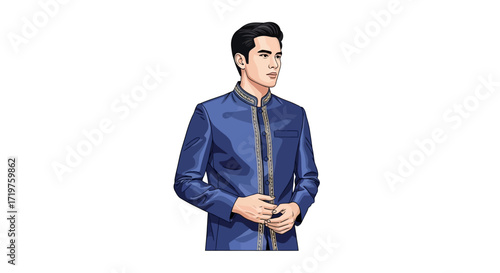 A refined portrait of a man, exuding confidence in his attire, set against a clean white backdrop. The image showcases elegance, style, and a sense of poise in a studio setting