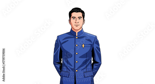 A professional looking man dressed in a dark blue formal suit, standing confidently with hands behind back against a white background, ready for any business opportunity or presentation