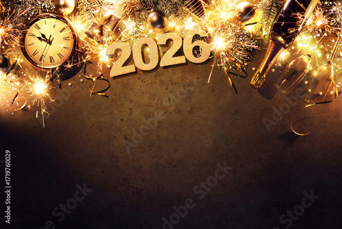New Year 2026 holiday background with clock, christmas balls, champagne bottle, gift box and lights