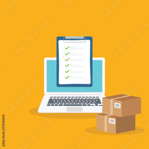 Online delivery - computer with checklist order and packages	