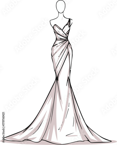 Elegant wedding dress sketch with dramatic train for fashion design inspiration or bridal boutique promotion, showcasing modern design and sophisticated style