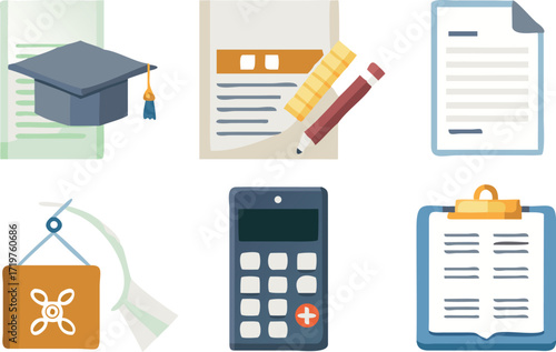 Education, Graduation, Calculator, Clipboard Icons Vector Illustration Isolated on Transparent Background