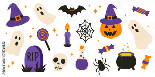 Colorful set of halloween elements on white background with pumpkin, ghost, skull, bat, spider, candy and witch hat. Perfect for festive cards, templates and decorations.