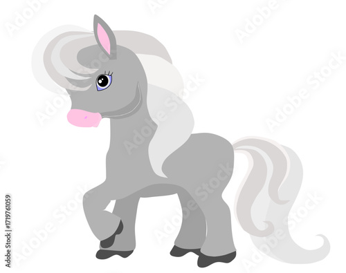 Cute Gray Pony Illustration Playful Cartoon Horse with a Pink Nose and White Mane