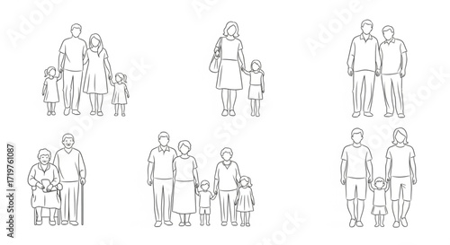 Vector Isolated Silhouette People - Artistic Outline Illustration of Family Figures Collection Set