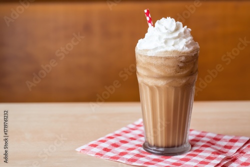 Summer drink Concept. Delicious milkshake topped with whipped cream and a straw.