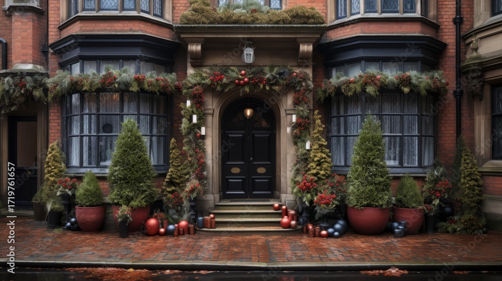 Fototapeta premium Elegant Victorian Townhouse with Festive Christmas Decor at Grand Entrance for Holiday Celebrations