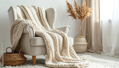 Cream Knit Throw Draped on Beige Wingback Chair in Bright Room