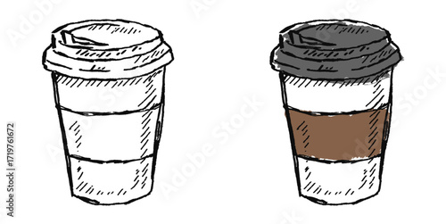 Grunge sketch hand-drawn coffee paper cup vector. Adds a raw, edgy feel to café and takeaway themes. Features a gritty, distressed, and artistic aesthetic.