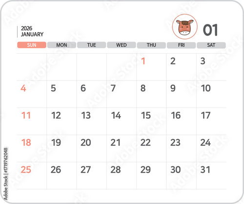 2026 January Calendar Illustration / 2026년 1월 달력 일러스트