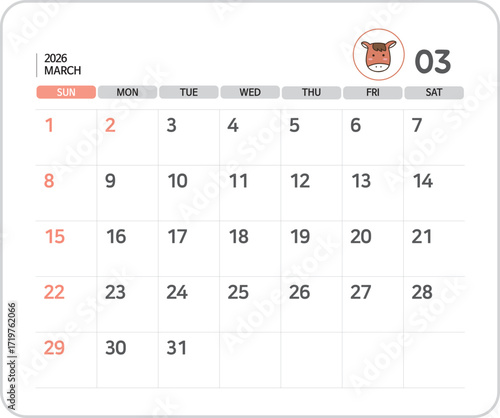 2026 March Calendar Illustration / 2026년 3월 달력 일러스트