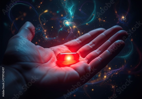 A hand holding a glowing red pill with magical energy swirling around it, representing choice, technology, and the unknown future