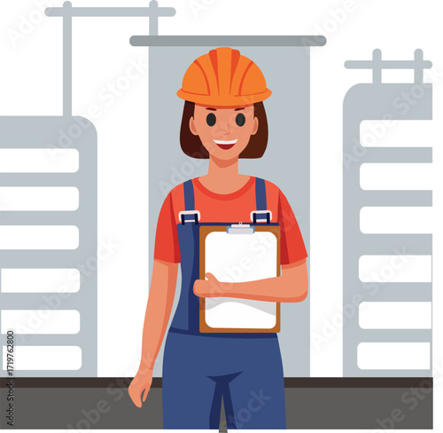female construction worker with helmet and bring paper in hand