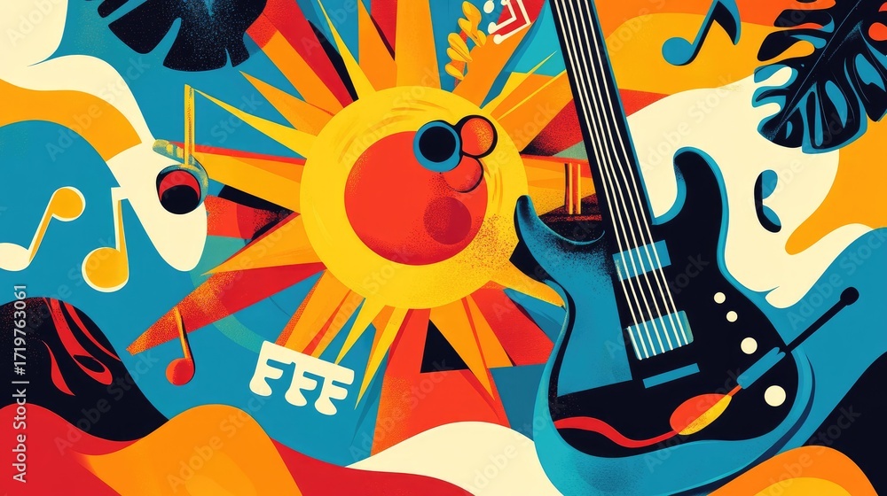 Fototapeta premium Colorful Abstract Art with Guitar and Music Elements in Vivid Design