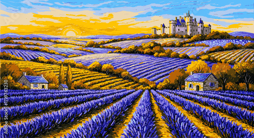 A picturesque Provence landscape bathed in the warm glow of sunset, with vibrant lavender fields stretching towards a distant chateau