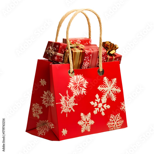 Red gift bag filled with presents and decorations isolated on transparent background