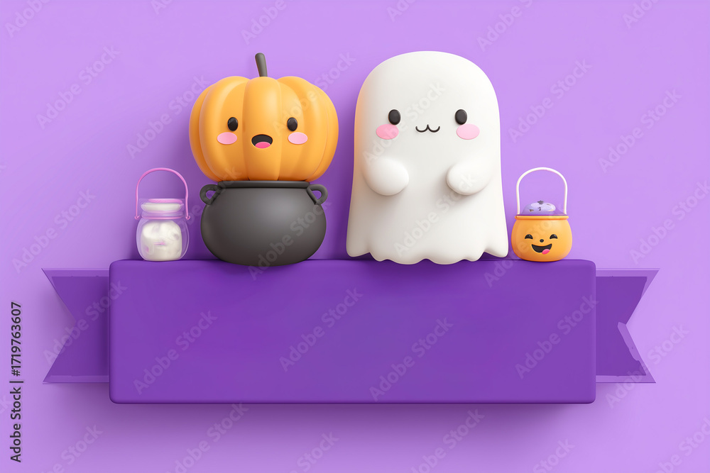 Fototapeta premium Cute Halloween characters with smiling faces on purple background.