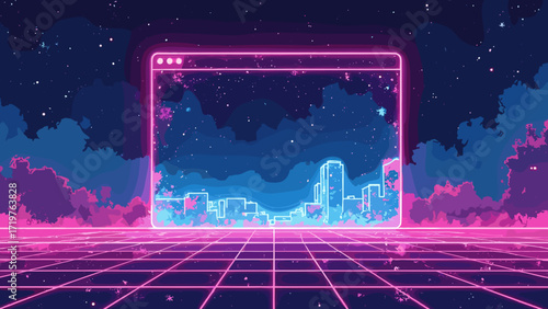 Retro web portal — faux browser window with pixel tabs, neon cursor trail, wireframe grid horizon, electric blue & hot pink