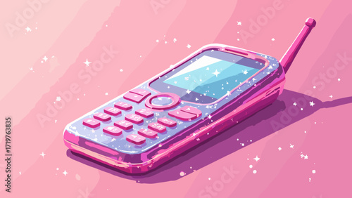 Bubblegum pop phone — glossy flip-phone close-up with oversized antenna and sparkles, bubblegum pink & chrome