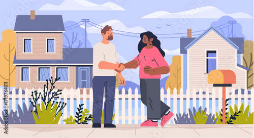 Neighbors greeting handshake friendly community two people meeting outside suburban houses picket fence plants autumn landscape residential neighborhood