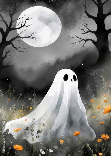 Spooky ghost wandering through a dark forest under a full moon at night surrounded by flowers