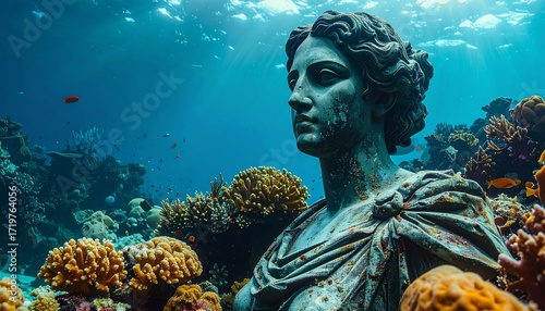 A serene underwater scene showcasing an ancient statue's bust amidst vibrant coral and sunlit aquatic ambiance