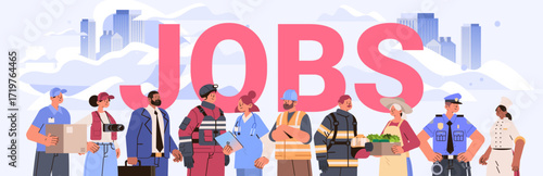 Jobs diverse professions teamwork urban background delivery photographer businessperson builder firefighter nurse farmer police chef flat design banner