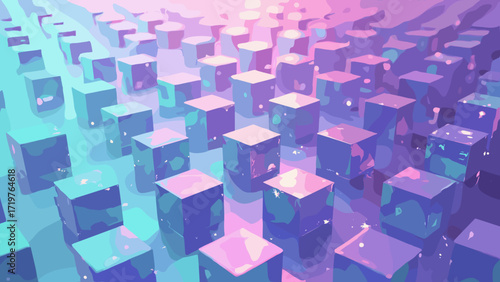 Iridescent geometric grid — 3D cubes on receding grid, prism reflections, teal-to-purple gradient