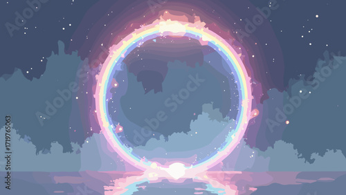 Silver portal — mirrored oval portal with rainbow edge glow and soft drop shadow, slate & holo accents
