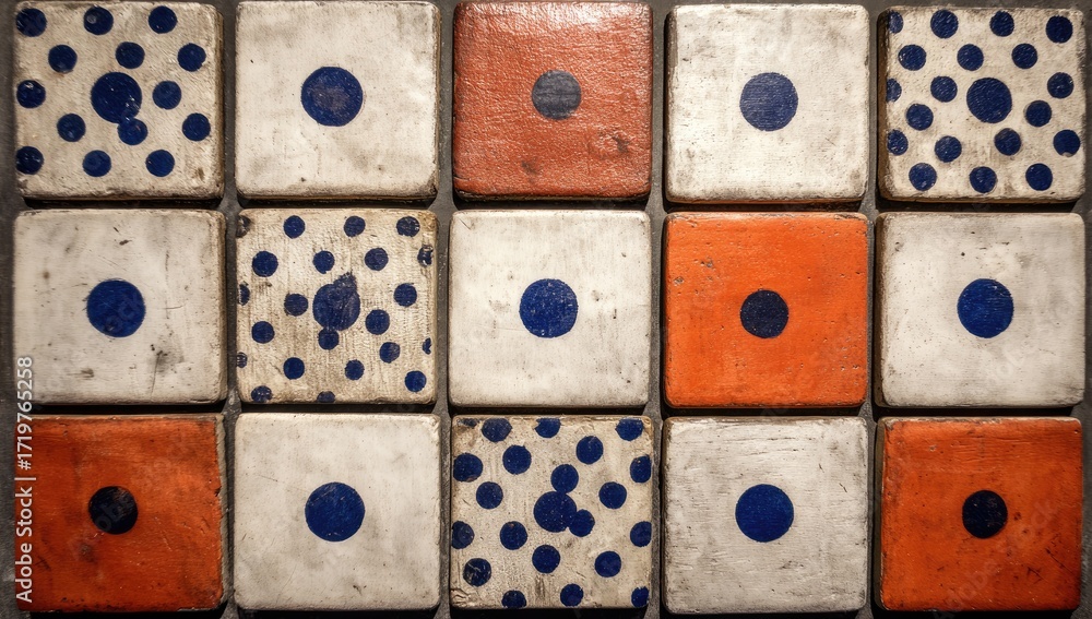 Fototapeta premium A grid of patterned ceramic tiles displays a repeating design of circles and dots, arranged in an organized layout on an off-white background with accents of orange.